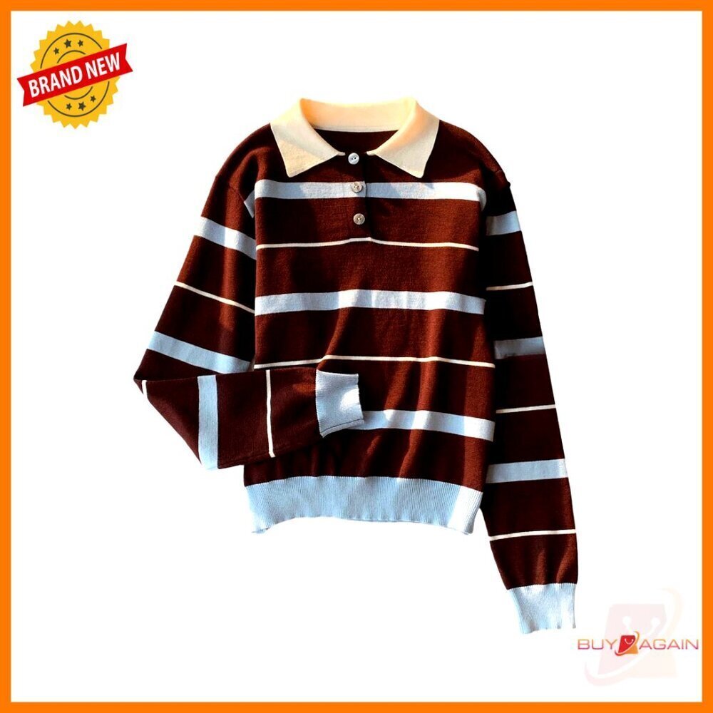 Striped Sweater Button Collar Long Sleeve Knit Pullover Y2K Preppy Chic